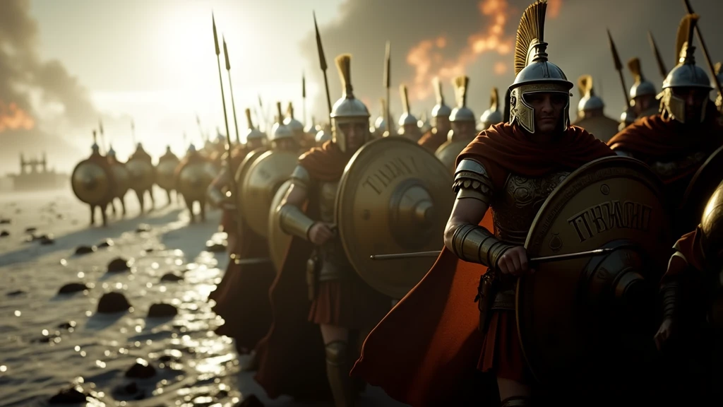 (photographie ultra-réaliste) Armée de thrace dans la grèce antique portant des armures reflétant la lumière, des casques de hoplites, des capes dorée, munie de leurs lances d'argents et leurs bouclier dorés, ils chargent vers les ennemies à pied ou à cheval, sur un champ de bataille apocalyptique dévasté, jonché de cadavres. En arrière plan on aperçoit la ville de Troies en feu. Il est écrit "Thrace" en lettre gothique