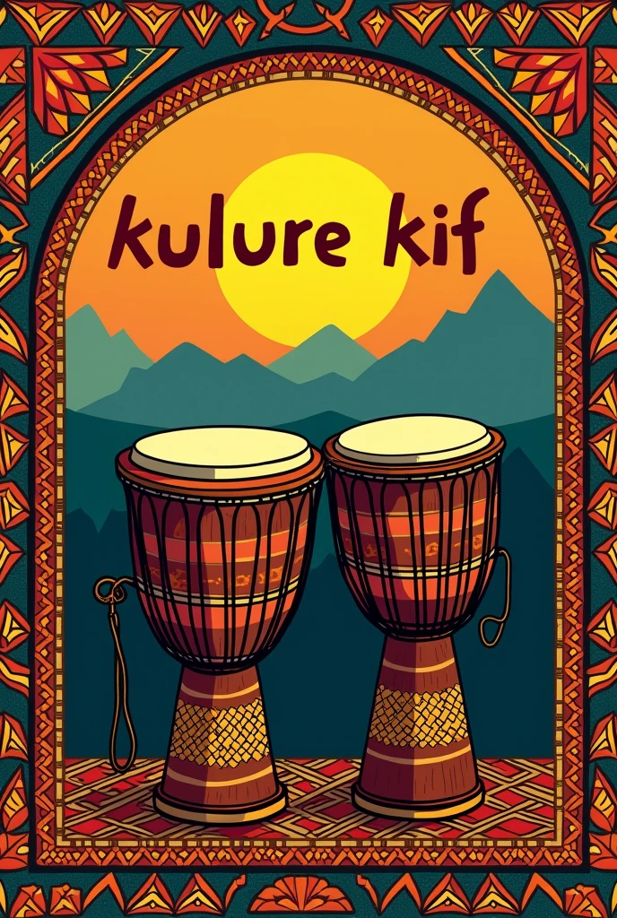 Image du mot kulture kif devant 2 grands tambours traditionnel africain dans un dessin du continent africain devant une horizon de montagne le tout dans un cadre aux contours motifs pagnes africains