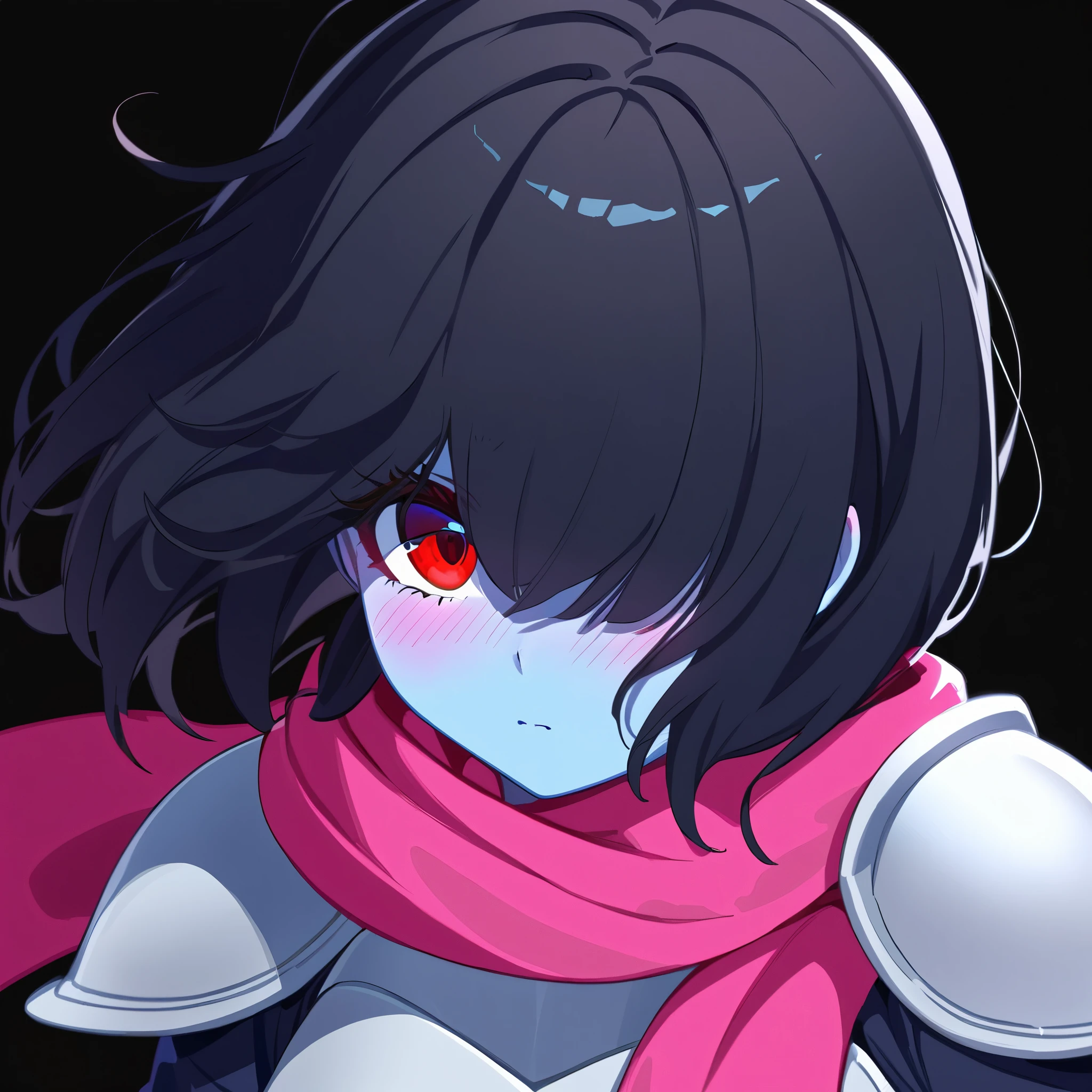 (face focus:1.2, eye focus:0.1, looking at viewer, red eyes), (1girl, solo, darkkris), expressionless:0.7, embarrassed, light blush, blue skin, (hair over eyes:0.3, black hair, medium hair), detailed, pink scarf:0.3, white chestplate:0.3, (black background)