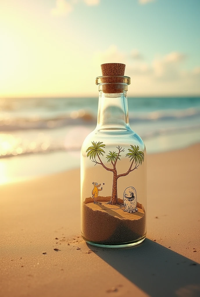 A beach and finds a glass bottle that is of the animated story type In vertical form the image