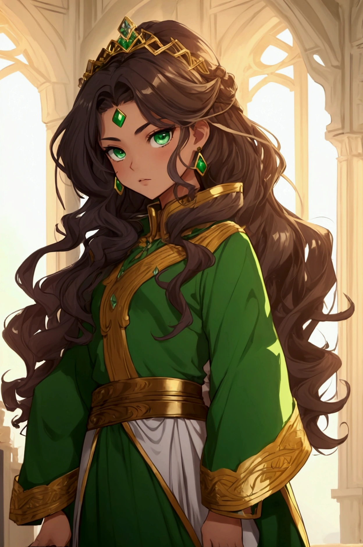 age commoner girl from a kingdom with tan skin, average height, curly blue hair, emerald green eyes with a fair-skinned prince, tall, brown hair and silver eyes for cover for wattpad story in mahwa anime style