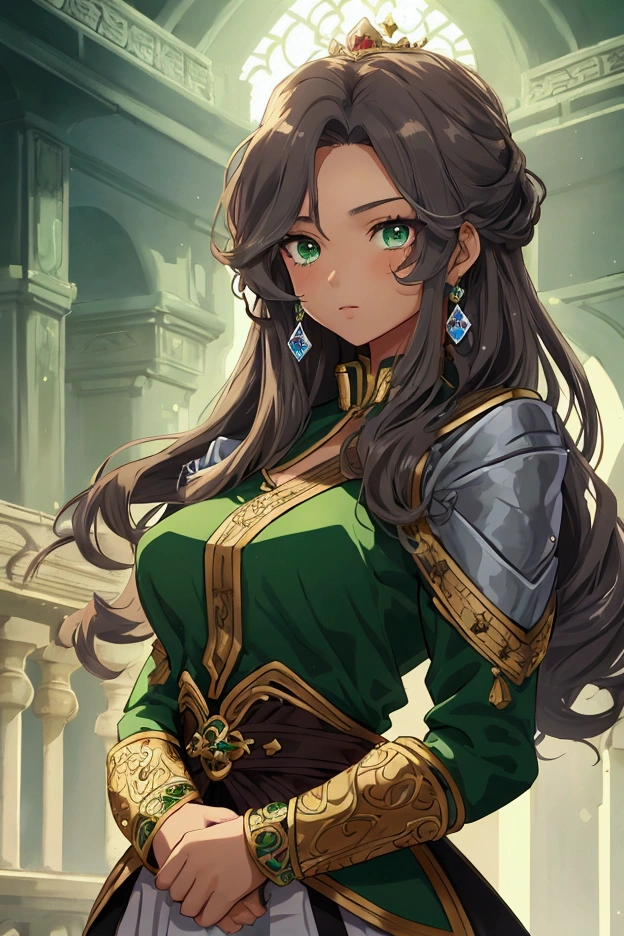 teenage commoner girl from a kingdom with tan skin, average height, curly blue hair, emerald green eyes with a fair-skinned prince, tall, brown hair and silver eyes for cover for wattpad story in mahwa anime style