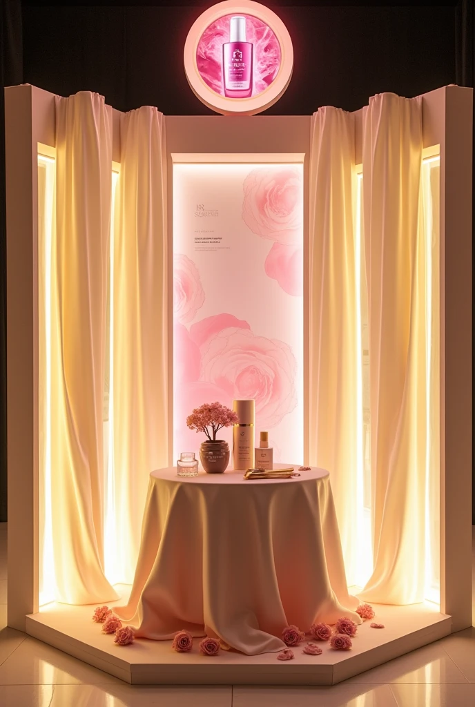 make a stand about a skin cream project that has long tubes in its corners that hold white curtains and have yellow lights, In the middle, place a rectangular table according to the size of the stand with a tablecloth decorated with roses., at the top, Attached to the top tube add a fuchsia colored circle with a skin cream drawing