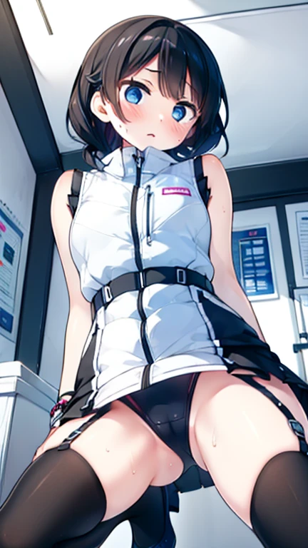 (Highest quality), (masterpiece), 1080P, High resolution, 4K, 8k, Inside the space station、Futuristic room、Thigh straps, Shooting from directly below, The woman on top of me, 白いSweat, Covered , Sweat, Woman looking down, Skirt swimsuit, Thigh-high socks, To achieve this, , , whole body, Black leather shoes, Braided hair, Inner Color, Embarrassed face, Short black hair, bracelet, Bedroom,celestial body_Vest
