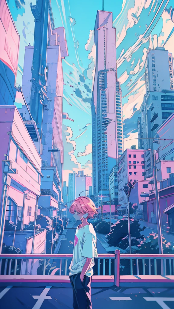 alone, lofi artstyle, lofi art, city, town, 80s anime style, Retro, Lo-Fi, masterpiece, best quality, (extremely detailed CG unity 8k wallpaper), (best quality), (best illustration), (best shadow), absurdres, realistic lighting, (Abyss), beautiful detailed reglow, 1girl, bracelet, building, city, cityscape, cloud, day, hands in pockets, jewelry, outdoors, pants, pink hair, shirt, oversize shirt, short hair, short sleeves, sky, skyscraper, solo, standing, striped, t-shirt, headphone, Close Eyes, calm face