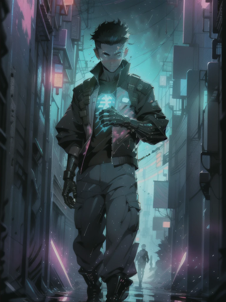 rain, solo, male focus, glowing, energy, 1boy, fireworks, emphasis lines, laser, cyberpunk