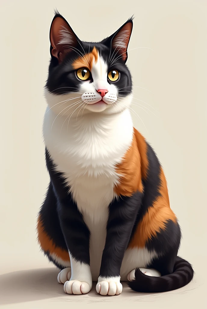 Create an illustration of a cat with black spots, brown and white with khaki eyes