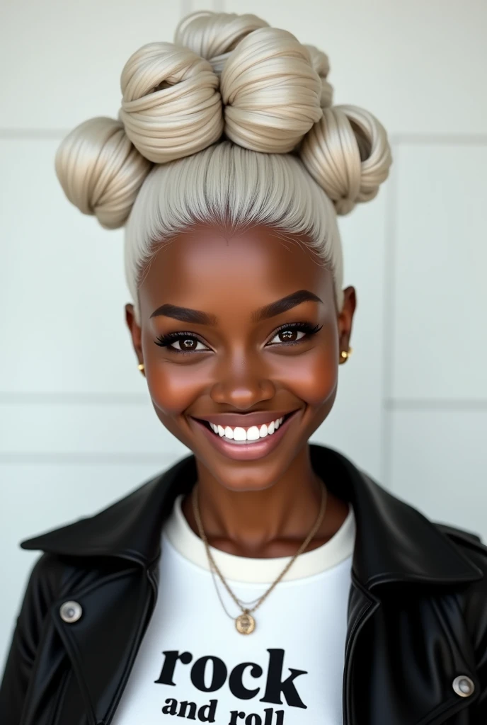 A beautiful brown-skinned woman with white hair in a bun with a bunch of buns on her head to be specific with a big smile with white and black clothes a white jacket with a black back no a black jacket and a white blouse that says rock and roll one pair of pants and we are just a necklace