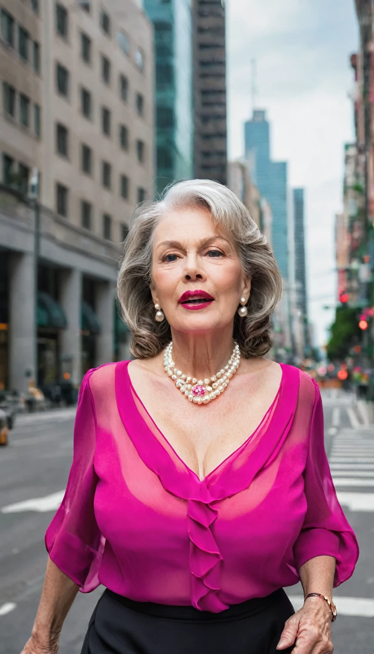 (Gorgeous and Glamour woman 70yo with gigantic breast running in the city, she's a lawyer, (vibrant fucsia elegant chiffon blouse with a deep neckline:1.4), red lips, (((saggy busty breast))), (white pearls), (black skirt), generous cleavage, realistic photography, (((distant from camera)))