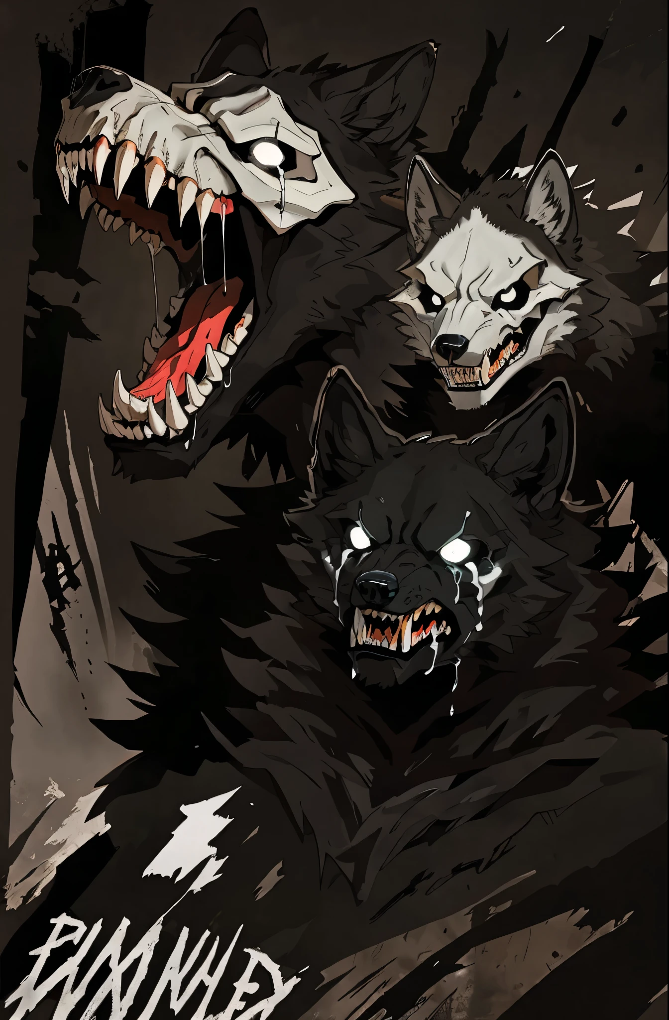 wolf, horror, wolf skull face, hatred, yelling, crying, tears streaming down, angry expression, full body, canine, half wolf face half skull, dark face, black fur, creepy, big teeth, bright white eyes, shadows, no face, dark background, full black backgrou