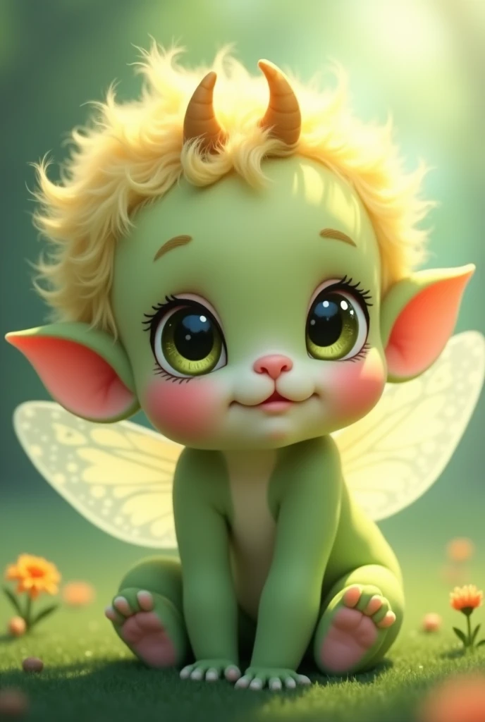 I want an image of a baby with adorable features, like a soft green skin, small normal ears and small horns. For the fairy touch The anime style can include big, expressive, sparkling eyes and fluffy yellowish hair., without pointy ears