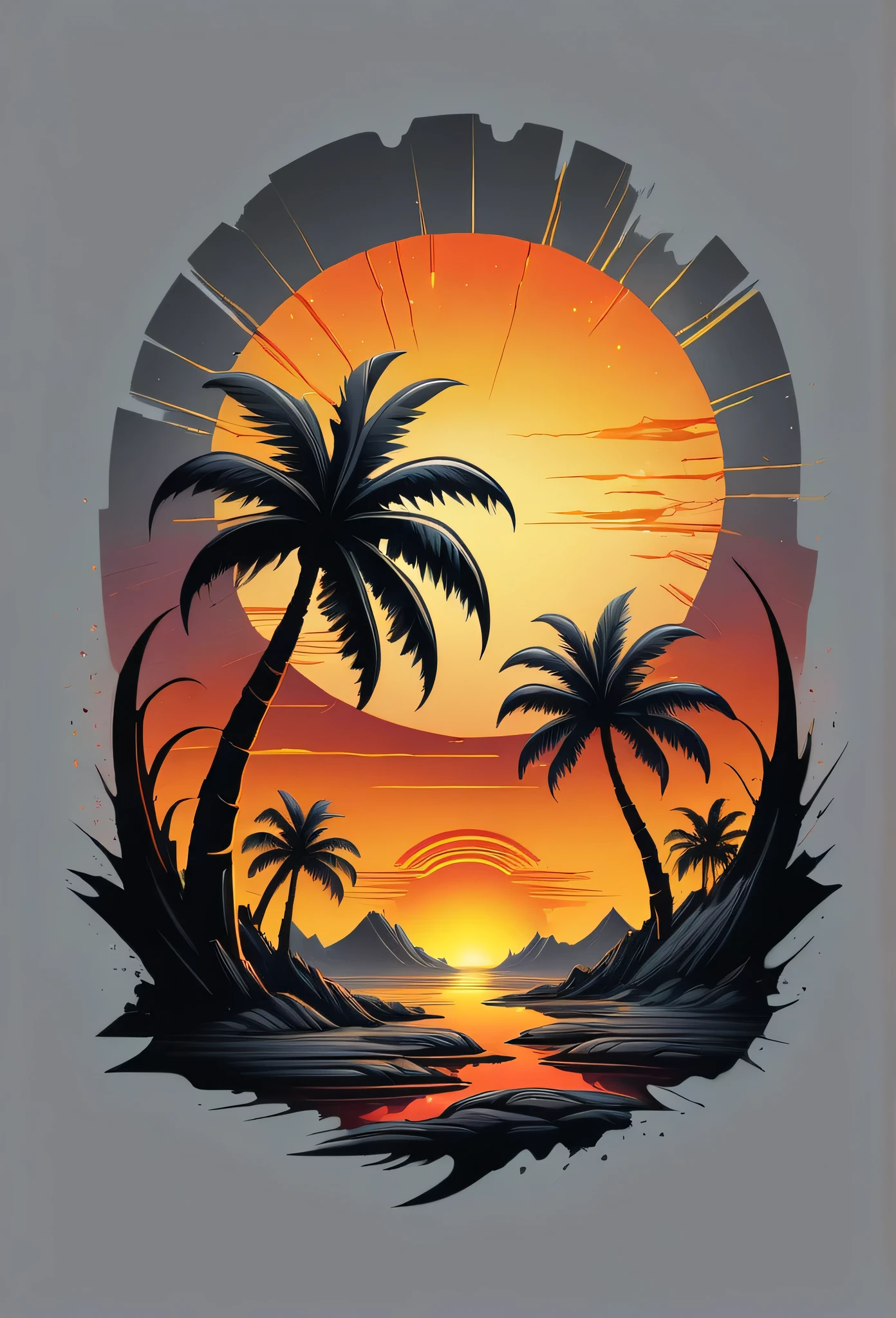 creative logo illustration of gradiant grey magma with glowing cracks in the shape of palms and glowing yellow and orange lava in the shape of sunset, digital art style by dan mumford, carne griffith, frank frazetta, sketch, vivid colors, high definition, intricat details, logo style, negative space, t-shirt design