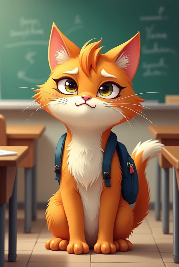 A bored "Furry" style cat in a classroom image cartoon furry style