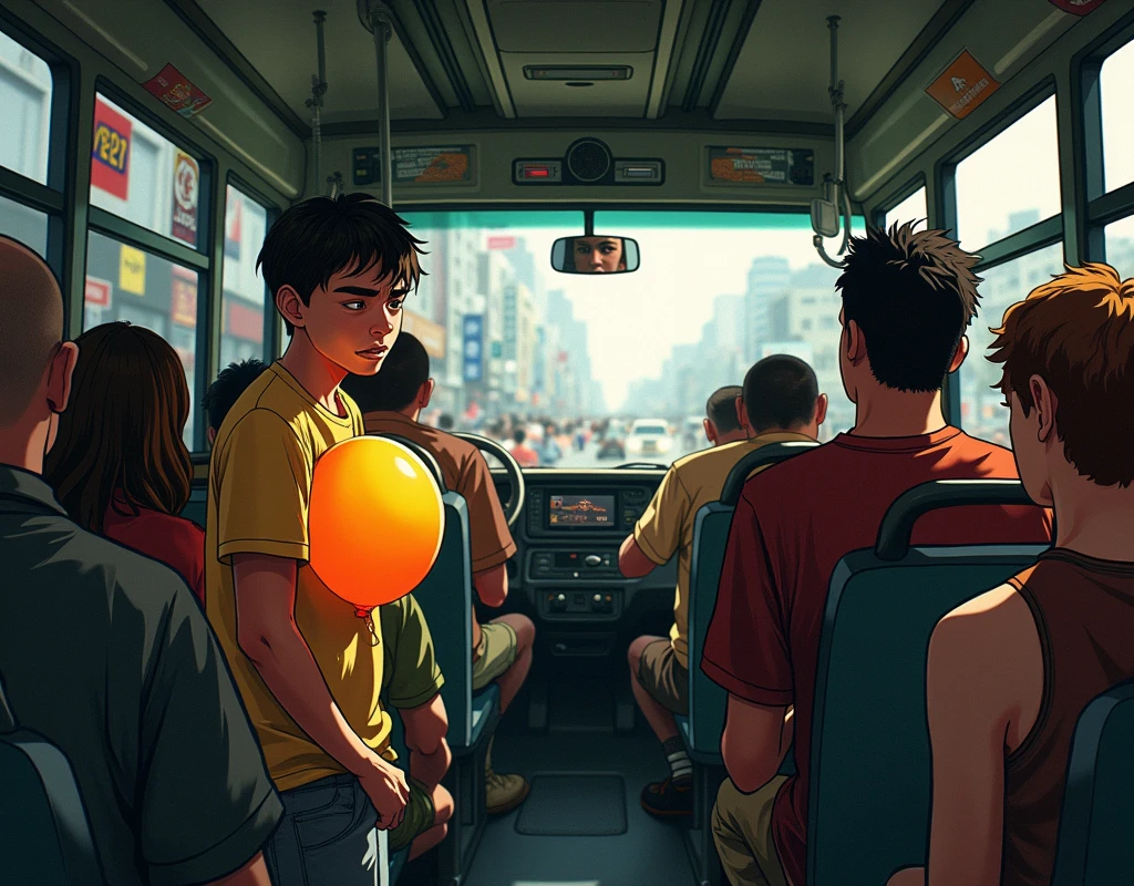 
190 / 5.000
Make an illustration. A crowded bus, a passenger (Chico Mão Leve) standing, desperate, holding his balloon and asking the driver to stop. The driver, looking in the rearview mirror, hesitates.