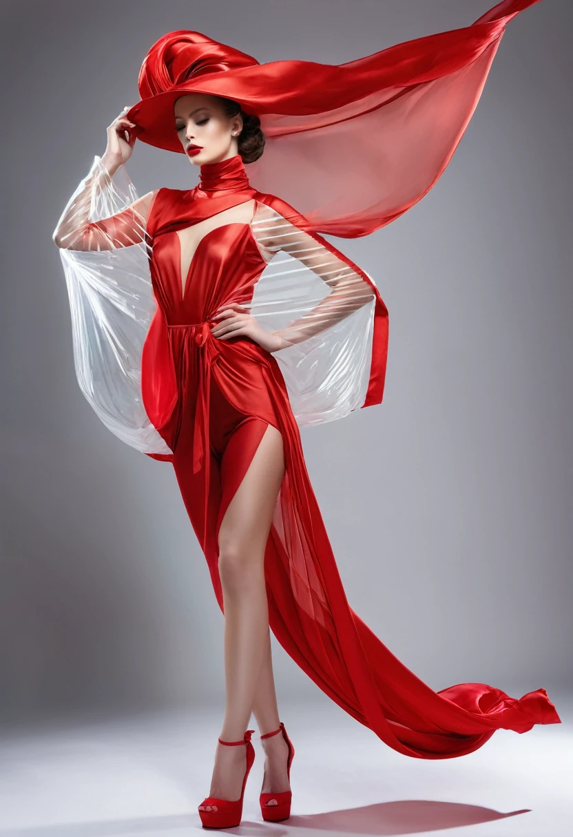 beautiful sexy woman, beautiful avant-garde style, full length , Beautiful red silk transparent flying clothes , Accessories ,Bag,