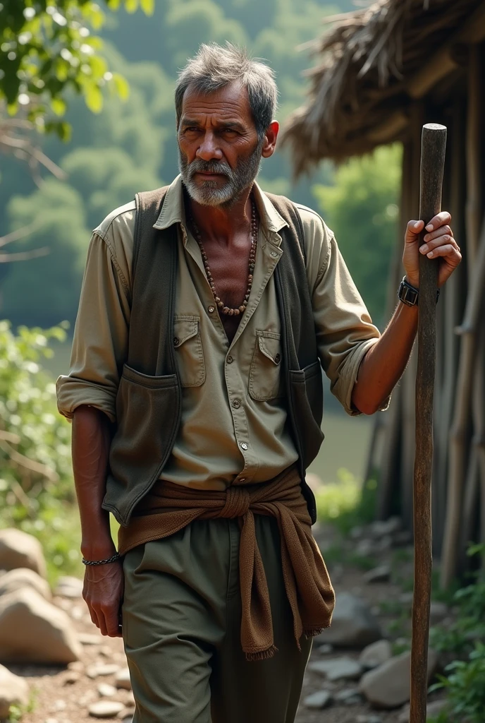 Imagine a Brazilian man in a remote, natural environment, like a village or a riverside region. The individual could be wearing simple, sturdy clothing, suitable for the climate and terrain. To represent blindness, you could show the person touching a staff or cane, which is a common accessory for people who are blind. The expression on the face can be serene and concentrated, reflecting adaptation to the environment. The surrounding scenery may include natural elements such as trees., stones and vegetation typical of the region, giving a feeling of isolation and connection with nature.