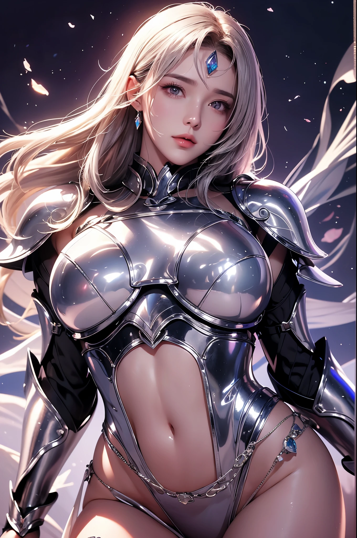 Realistically, High resolution, Soft Lighting, One woman, alone, Hip Up, Dynamic Pose, Glossy Skin, gem, knight armor