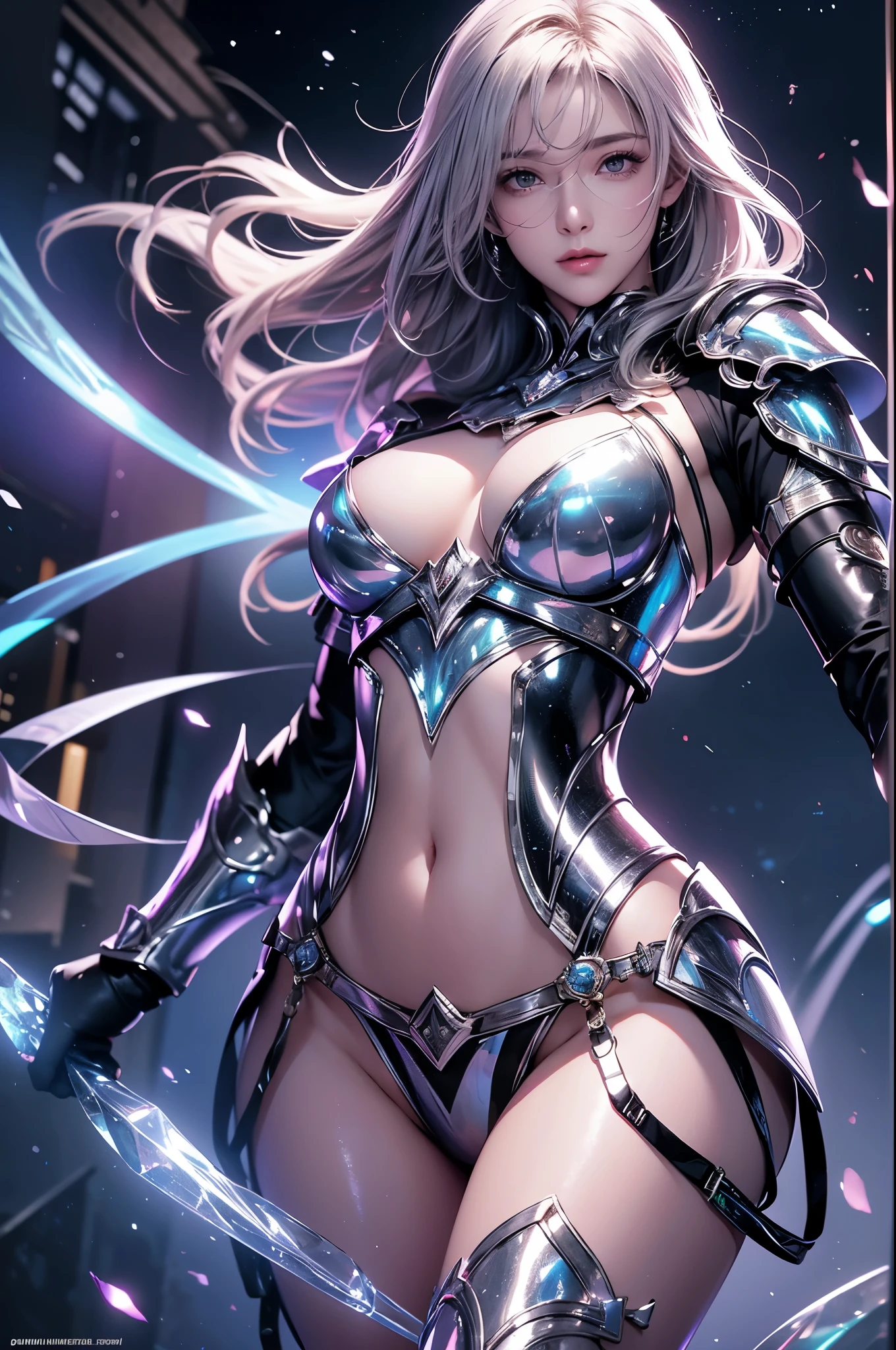 Realistically, High resolution, Soft Lighting, One woman, alone, Hip Up, Dynamic Pose, Glossy Skin, gem, knight armor