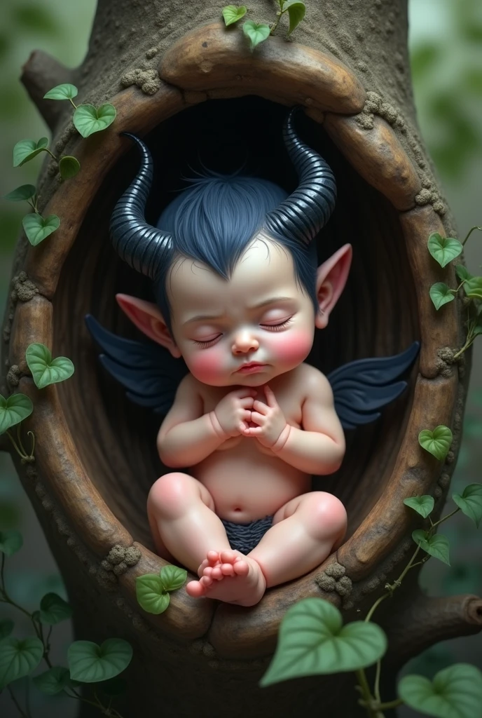 detailed art. masterpiece. Newborn baby with very short navy blue hair. The baby has two small black horns on the sides of its head.. The baby's horns are similar to Maleficent's, but much smaller. The baby has white skin. Baby has slightly pointed fairy ears. The baby has a pair of wings that look like crow wings that are just forming on its back.. The wings have black feathers. The baby is asleep. The baby is lying inside a hollow log, surrounded by leaves. The environment where the baby is must be magical
