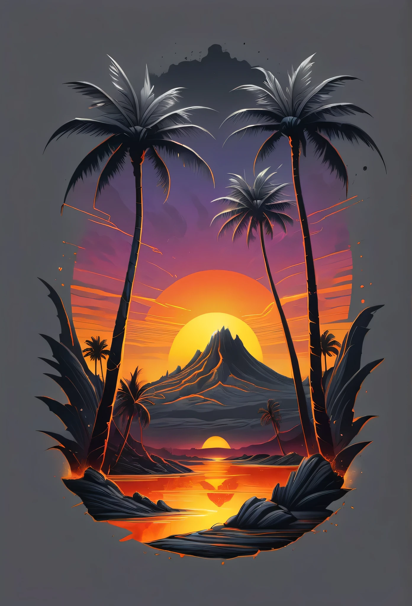 creative logo illustration of gradiant grey magma with glowing cracks in the shape of palms and glowing yellow and orange lava in the shape of sunset, digital art style by dan mumford, carne griffith, frank frazetta, sketch, vivid colors, high definition, intricat details, logo style, negative space, t-shirt design