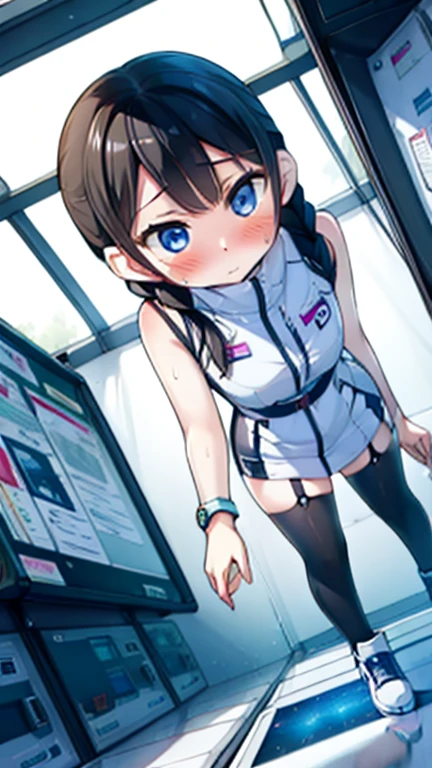 (Highest quality), (masterpiece), 1080P, High resolution, 4K, 8k, Inside the space station、Futuristic room、Thigh straps, Shooting from directly below, The woman on top of me, 白いSweat, Covered , Sweat, Woman looking down, Skirt swimsuit, Thigh-high socks, To achieve this, , , whole body, Black leather shoes, Braided hair, Inner Color, Embarrassed face, Short black hair, bracelet, Bedroom,celestial body_Vest
