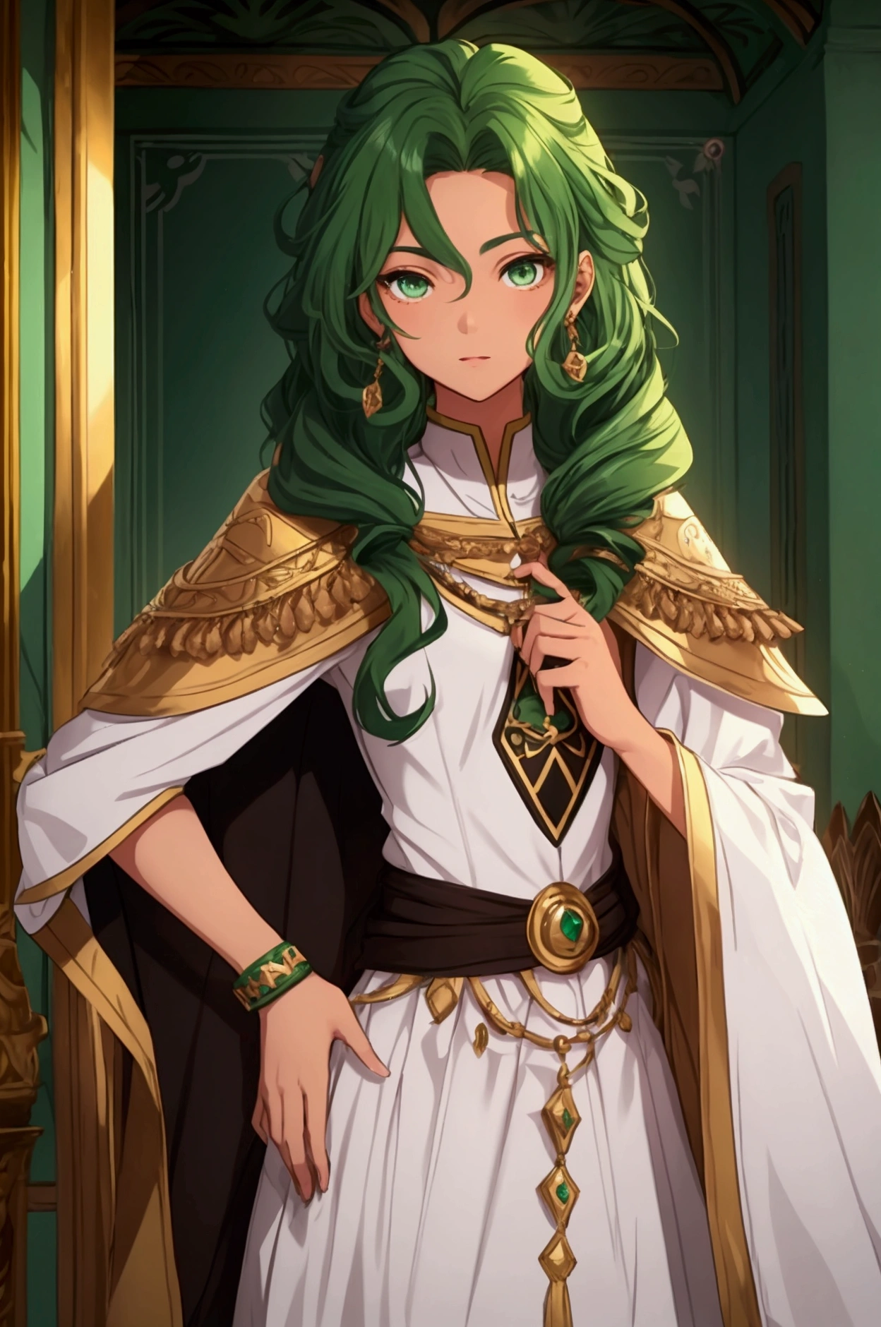 teenage commoner girl from a kingdom with tan skin, average height, curly blue hair, emerald green eyes, next to a fair-skinned prince, tall, brown hair and silver eyes for cover for wattpad story in mahwa anime style