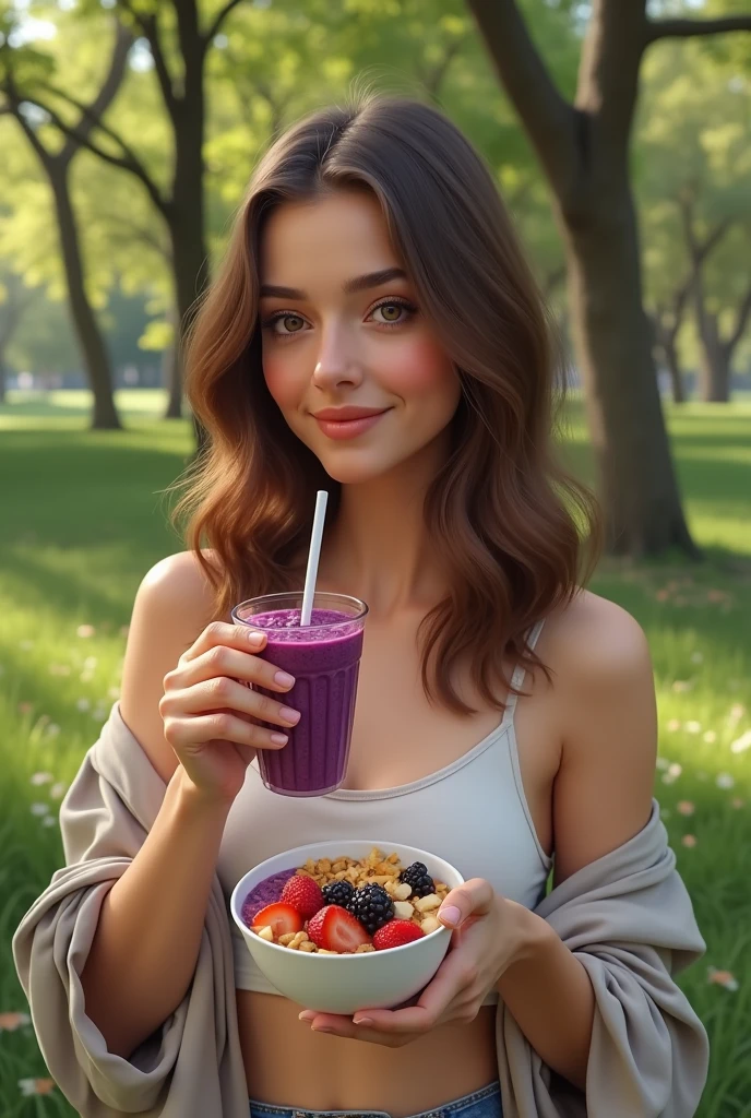 Realistic woman aged 25 to 35, in park, salmonete, chestnut hair, brown eye eating acai in a cup in the park, ultra HD, high qualiy, best qualityer, high resolution, 8k, 16K