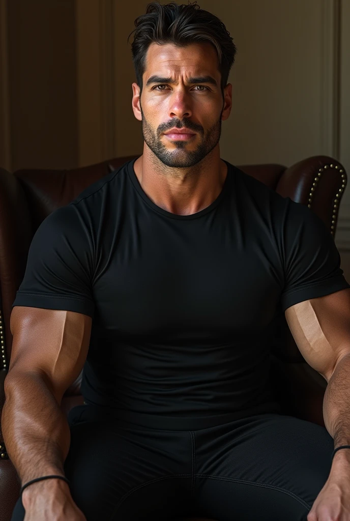 muscular Italian man, beautiful detailed eyes, beautiful detailed nose, beautiful detailed lips, extremely detailed face, chiseled jawline, dimpled chin, silky black fitted t-shirt, black trousers, sitting comfortably on chair, realistic, photorealistic, photo-realistic:1.37, (best quality,4k,8k,highres,masterpiece:1.2),ultra-detailed,(realistic,photorealistic,photo-realistic:1.37)