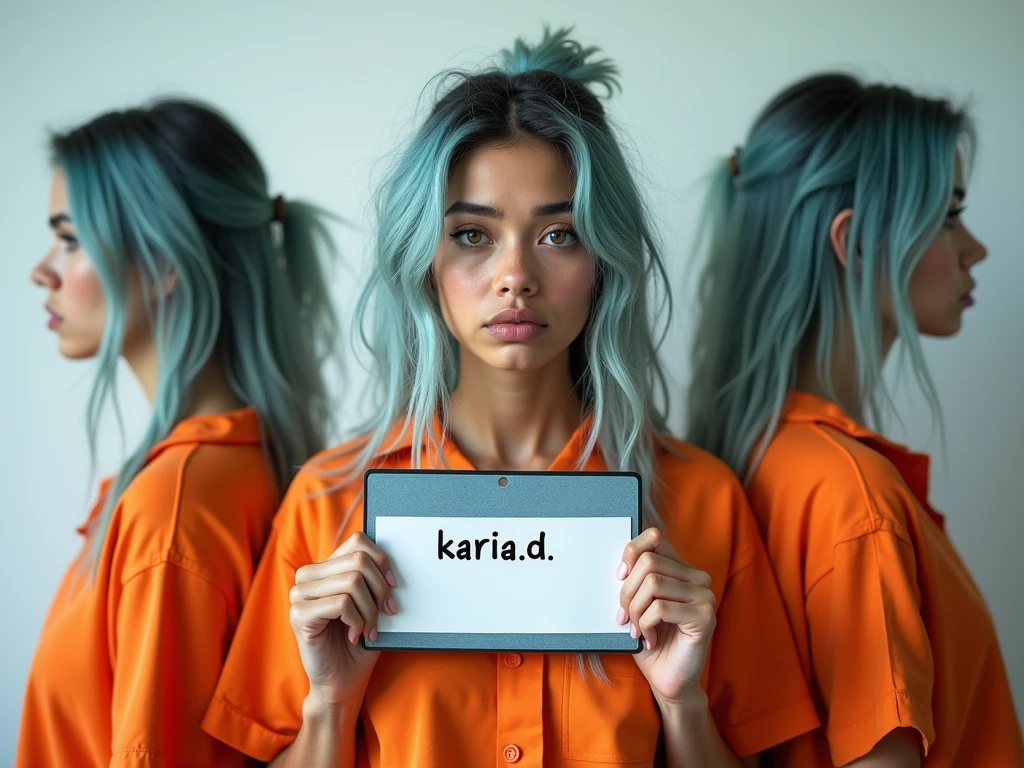 biracial latina woman, no make up, tired, messy long light blue hair, light blue eyes,large breasts, mug shot, wear orange inmates ,Résolution Haute, Vues Multiples, hold Identification panel with "Karia.D" write on it
