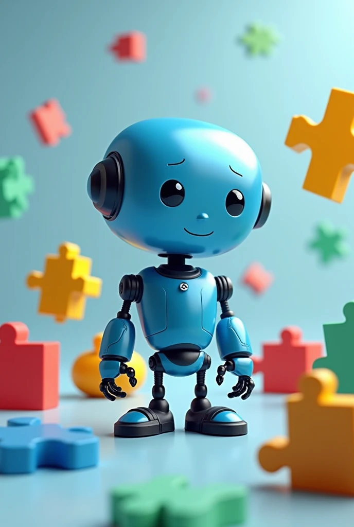 friendly blue robot and puzzles in different colors around