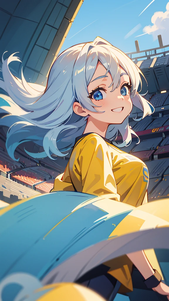 1 person、anime painting、Silver Hair、Long Hair、Beautiful Blue Eyes、Vibrant colors、Yellow Shirt、smile、Perfect female body、From the side、Upper body close-up、Stadium stand background