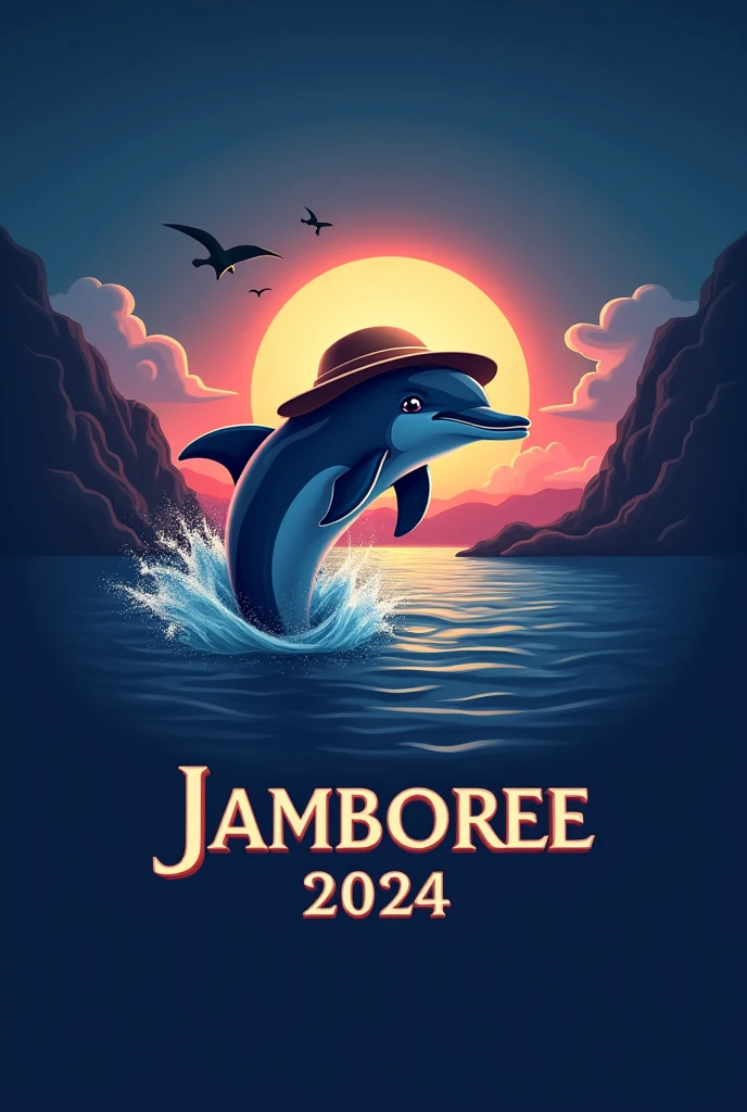 Un logo para franela que contenga un delfín con sombrero de explorador saliendo del agua, con un atardecer en tonos azulados y morado, y abajo tenga un cuadro de texto en mayúsculas que diga JAMBOREE 2024 con una fuente elegante  

Usando esta imagen creada
