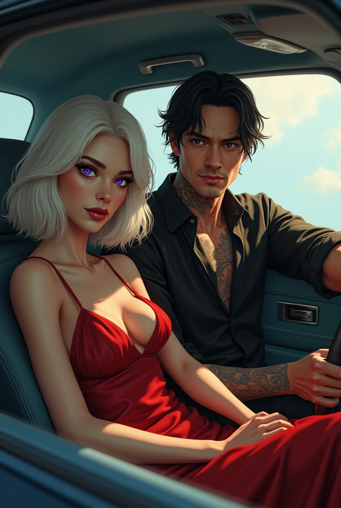 Um casa dentro de um carro, a mulher de cabelos brancos e pele castanha clara com olhos cor de violeta e magra vestindo um vestido vermelho, e um homem com uma camisa social preta e braços bem fortes e definidos segurando o volante, o homem tem uma tatuagem de dragao no pescoço e cabelos escuros jm pouco longos, homem branco e sem barba