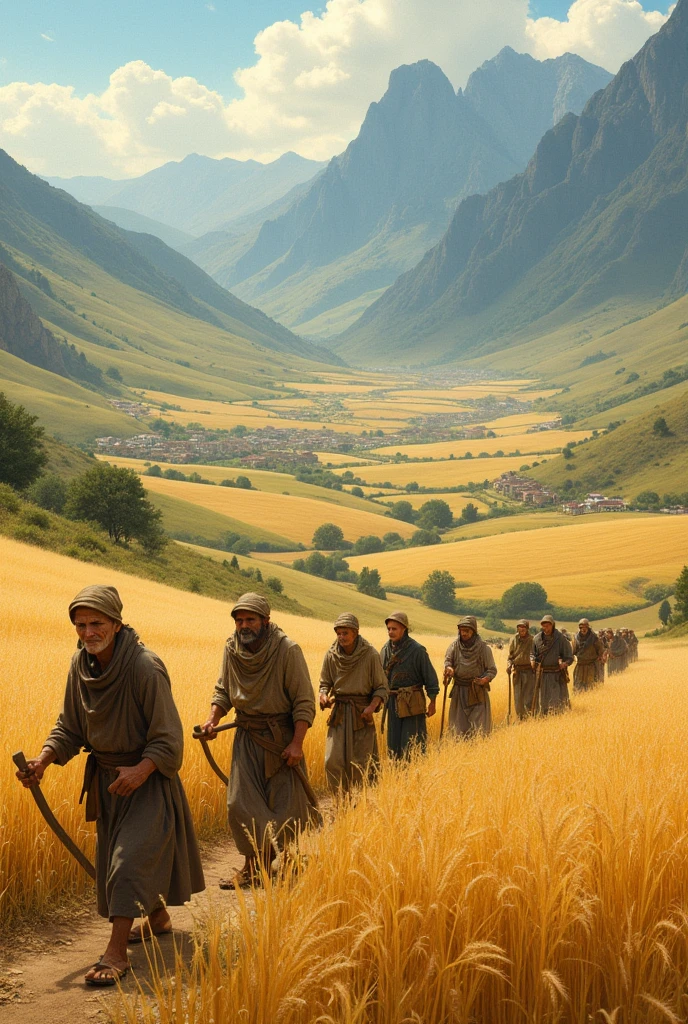 Ancient farmers harvesting wheat from the land.
