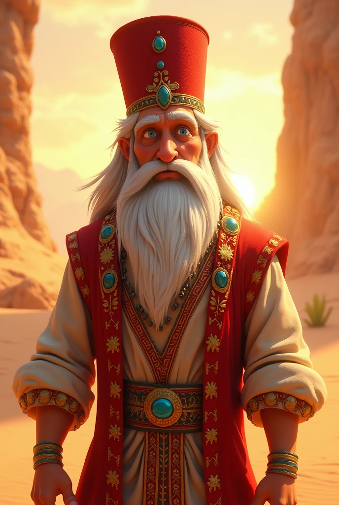 An animated image of an Egyptian sheikh wearing a red fez on his head, with a thick white beard and beard. 