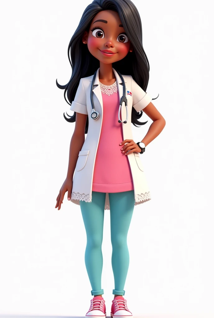 a disney pixar style nurse, in a pink dress with long black hair, with stethoscope, white coat with lace, baby blue pants, relogio no pulso, very light brown skin, long, very black, straight hair without waves, pink sneakers background png 