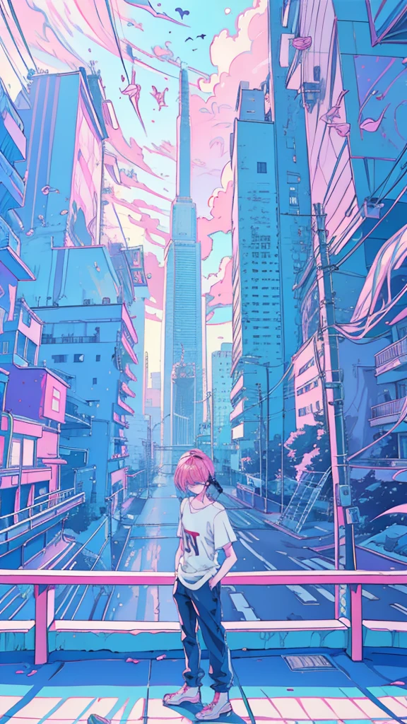 alone, lofi artstyle, lofi art, city, town, 80s anime style, Retro, Lo-Fi, masterpiece, best quality, (extremely detailed CG unity 8k wallpaper), (best quality), (best illustration), (best shadow), absurdres, realistic lighting, (Abyss), beautiful detailed reglow, 1girl, bracelet, building, city, cityscape, cloud, day, hands in pockets, jewelry, outdoors, pants, pink hair, shirt, oversize shirt, short hair, short sleeves, sky, skyscraper, solo, standing, striped, t-shirt, headphone, Close Eyes, calm face