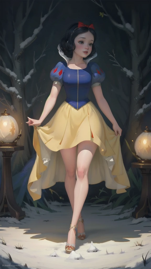 ((Full body photo, standing, feet on the ground)) ((1 girl)), Masterpiece, (high quality, best render), (beautiful girl, snow white), (bomb, pin-up style), hot, floss, perfect body, araffed snow white in a yellow dress with a red bow, sexy snow white, portrait of snow white, pale snow white skin, 4k hd. snow white hair, disney princess, beautiful female princess, anime princess, hd artwork, official art, disney cartoon, beautiful princess, forrest background, long thin legs, large breasts, sexy pose, vibrant colors