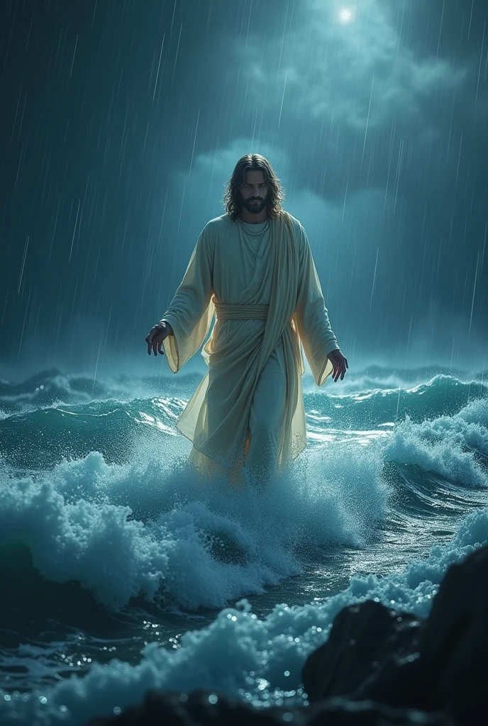 Jesus walking on water in the storm at night