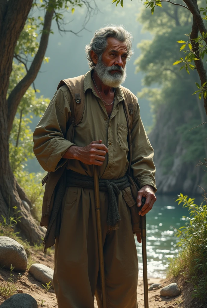 Imagine a Brazilian man in a remote, natural environment, like a village or a riverside region. The individual could be wearing simple, sturdy clothing, suitable for the climate and terrain. To represent blindness, you could show the person playing a cane, which is a common accessory for people who are blind. The expression on the face can be serene and concentrated, reflecting adaptation to the environment. The surrounding scenery may include natural elements such as trees., stones and vegetation typical of the region, giving a feeling of isolation and connection with nature.