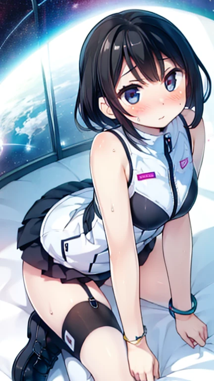 monochrome tone, black & white two tone (all image layer color), An anime girl with short hair standing in front of the sky, brown color eyes, school uniform, short skirt (check pattern), wearing headphone on neck, neck band (headphone), normal chest, 아름다운 쇄골, 아름다운 바디 라인, 아름다운 배꼽, 16-years-old girl, extreme hand detail, Promotional art, Shining Star, Visual Novel CG, official art, Key Art, shooting star, wallpaper!, official fanart, Promotional artwork, milky way,, Visual Novel Key Visual, masterpiece