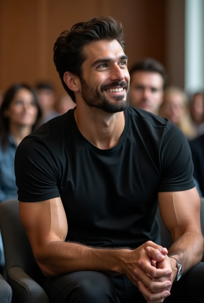 a very handsome muscular Italian man at the conference.
He has a hard jawline, dimpled chin.
He is wearing a very silky black fit tshirt and black trousers.
He is sitting comfortably on a chair.