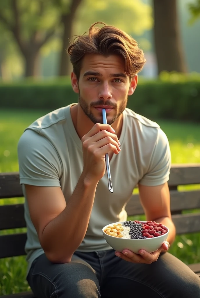 realistic man 25 to 35 years old, in park, salmonete, chestnut hair, brown eye eating acai in a cup in the park, ultra HD, high qualiy, best qualityer, high resolution, 8k, 16K