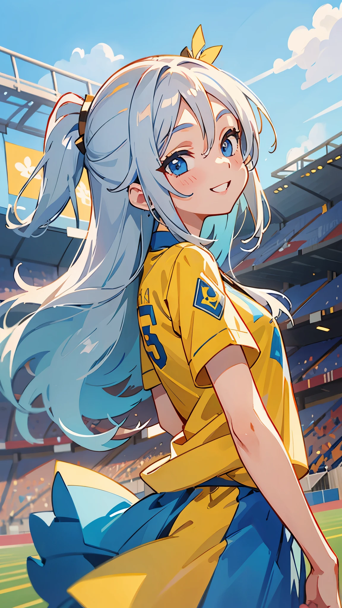 1 person、anime painting、Silver Hair、Long Hair、Beautiful Blue Eyes、Vibrant colors、Yellow Shirt、smile、Perfect female body、From the side、Upper body close-up、Stadium stand background
