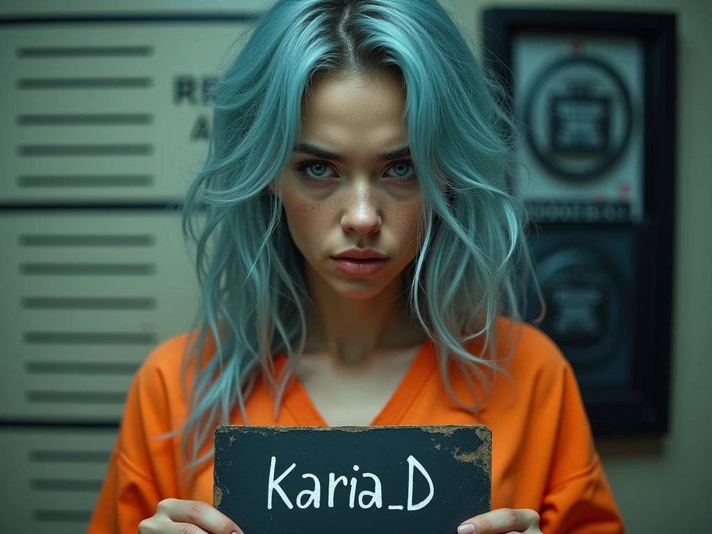 biracial latina woman, no make up, tired, messy long light blue hair, light blue eyes,large breasts, mug shot, wear orange inmates ,Résolution Haute,hold Identification panel with "Karia.D" write on it, portrait