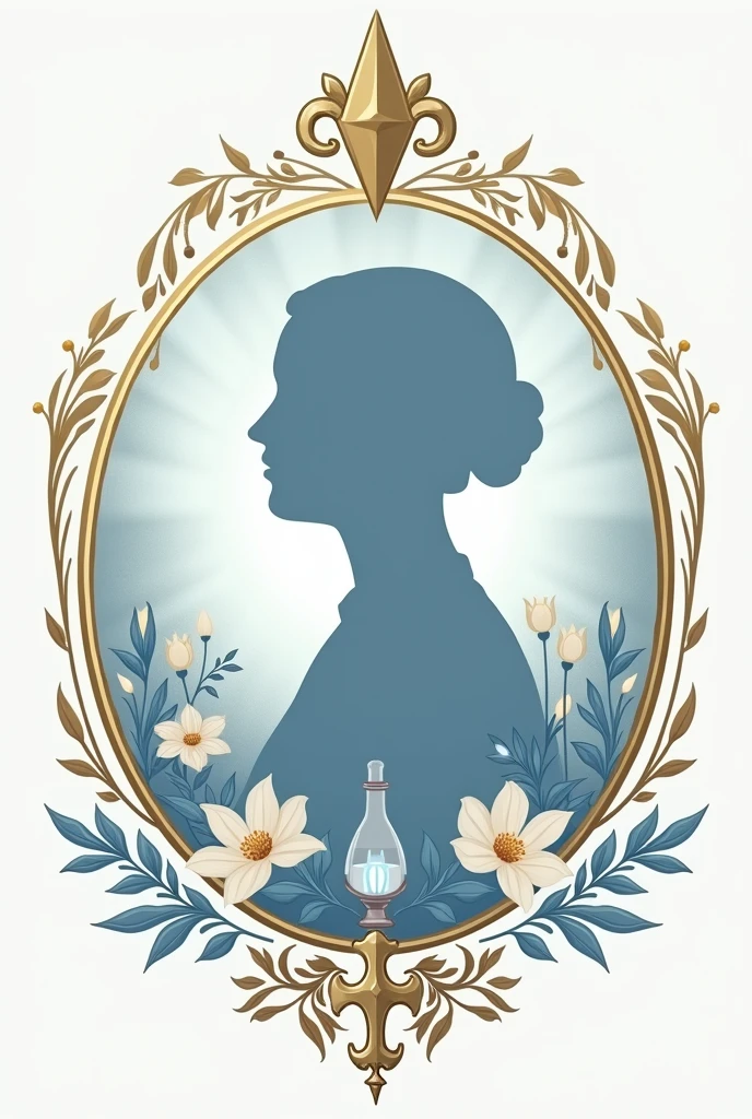 Badge of Saint Florence Nightingale with three pointed top and gold edges 1. **Nursing lamp**: Represents medical light.
2. **flores** and petals : Flowers can symbolize life, hope and care.
We could include lilies or other flowers 3. **Silhouette de Florence Nightingale**:
A photo of him in the center 4. **Star or cross**: To symbolize medical care and commitment to health.
5. **colors**: Soft tones like light blue (representing calm and confidence) and the white (which symbolizes purity and attention).
