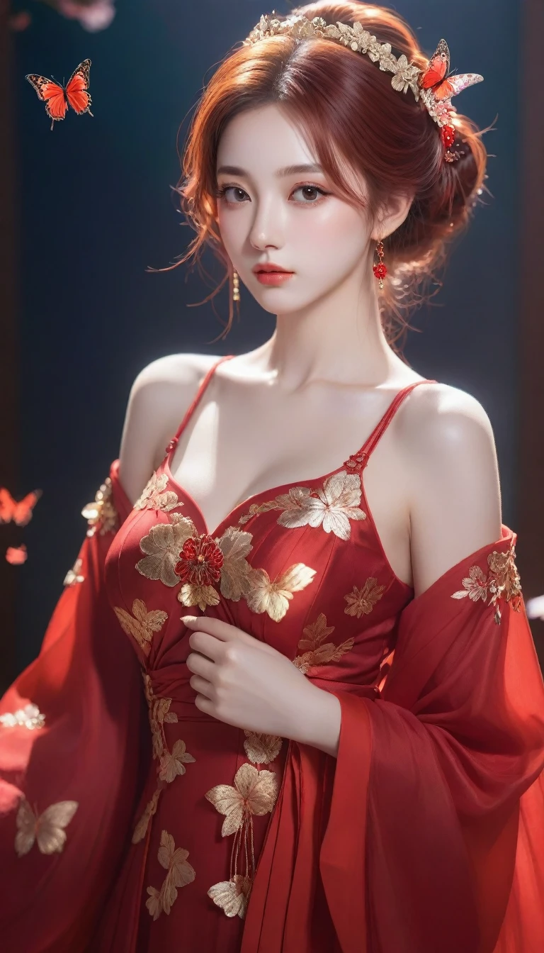 anime girl with red hair and a red dress with a butterfly in her hair, 8k high quality detailed art, 8k)), palace ， a girl in hanfu, by Fan Qi, beautiful digital artwork, a beautiful artwork illustration, by Li Song, 4k highly detailed digital art, chinese style, inspired by Ai Xuan, by Yang J