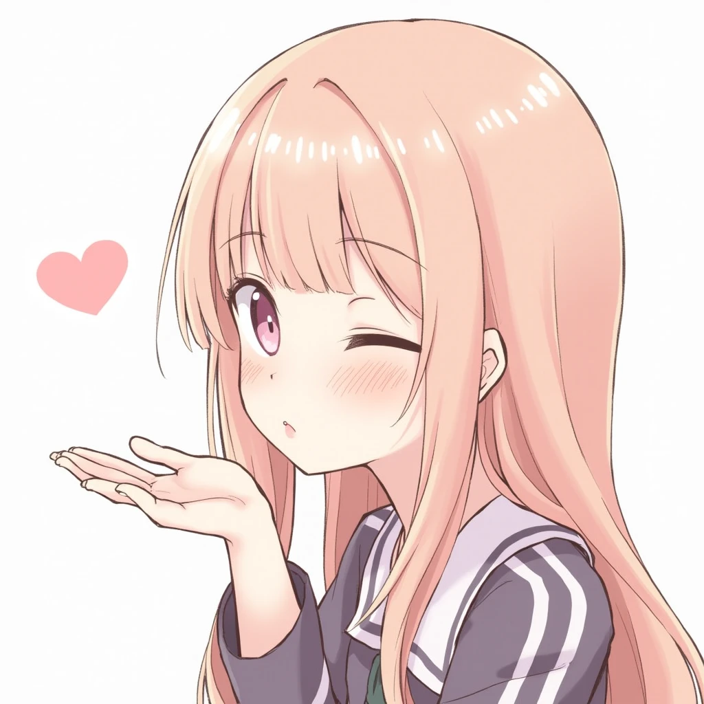 1girl, long hair, blowing kiss, k1ss3s, looking at viewer, heart, one eye closed, blush blowing kiss with hand