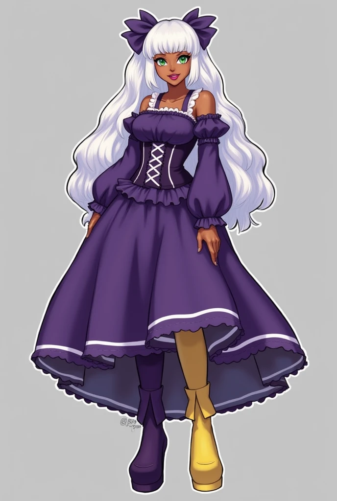 ((best quality)), ((highly detailed)), masterpiece, absurdres, detailed face, beautiful face, (detailed eyes, deep eyes), (1girl), full body, Nailkaiser, (dark-skinned female, dark skin), white hair, long hair, green eyes, head wings, (white lips, lipstick, makeup), large breasts, smiling, purple dress, puffy sleeves, long sleeves, corset, long skirt, yellow thighhighs, platform boots.