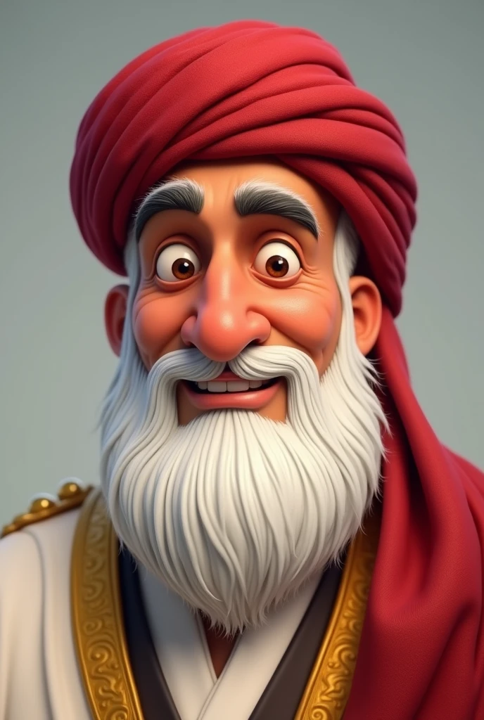 An animated picture of a handsome Arab sheikh wearing a red fez and a thick white beard and beard. 